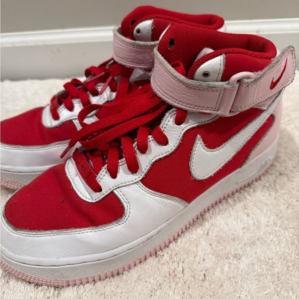 NIKE Air Force 1 Red, White & Pink High-Top Athletic Sneakers